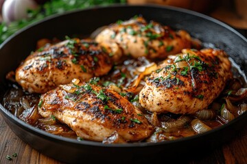 Delicious chicken breast fillets frying in cast iron skillet with sauteed onions and herbs