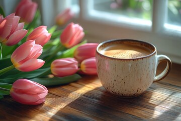 Steaming cup of coffee resting near window with tulips blooming outside