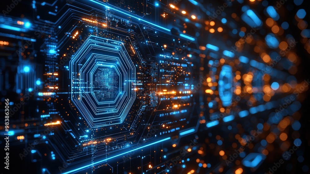 Poster abstract futuristic technology background with glowing lines and bokeh lights