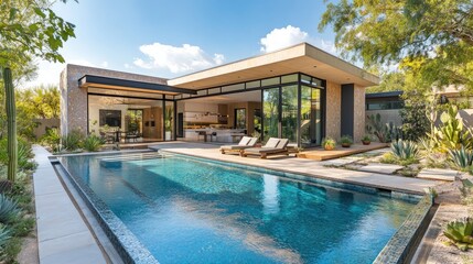 Fototapeta premium Modern single story home with open floor plan overlooking swimming pool