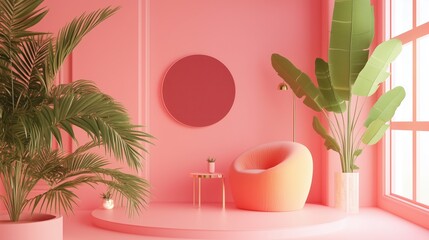 Pink interior with round armchair, tropical plants, side table, and mirror. AI generated.