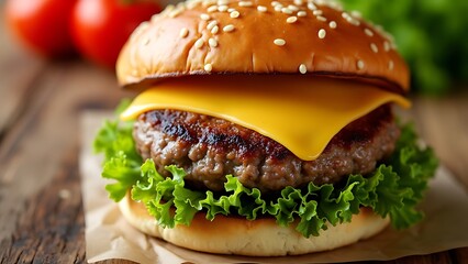 A juicy cheeseburger topped with fresh lettuce and tomato, served on a golden bun. The vibrant colors and mouthwatering ingredients make it a classic choice for any fast food or dining design.