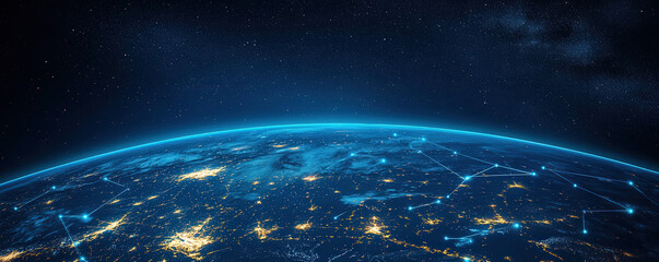 International digital infrastructure mapped with worldwide trade routes on wide banner format