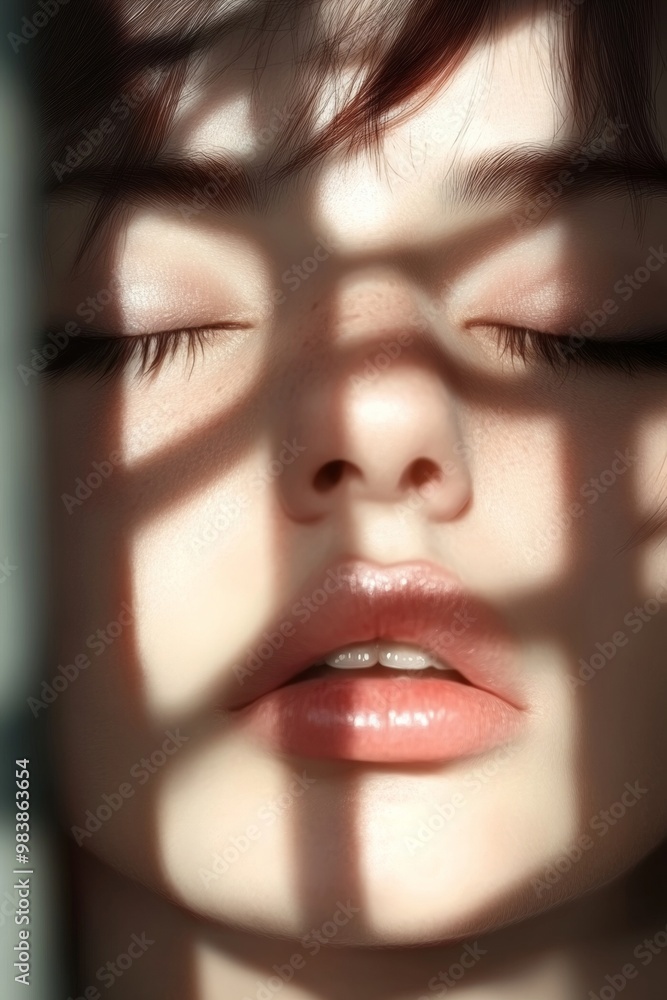 Poster minimalist portrait with patterned shadows on womans face creating tattoo effect
