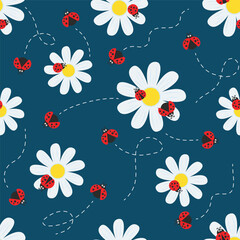 seamless pattern of collection of white flowers and flying ladybugs