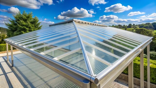 Polycarbonate roof panels feature a clear finish, offering transparent coverage and durability, while allowing for