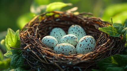 Obraz premium Tranquil Beauty of a Bird's Nest: Close-up of Delicate Eggs Surrounded by Nature's Textures