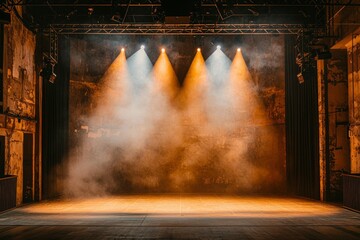 Empty Stage with Spotlights and Smoke in an Old Theater