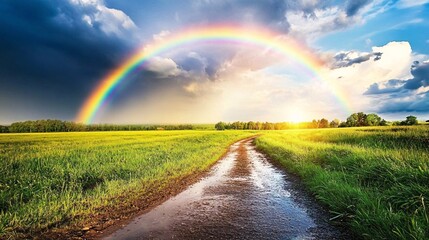 Scenic Rainbow Over Lush Green Field at Sunset