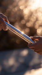 Relay baton exchange, Two hands reaching out to pass the baton, Focus on the moment of contact, Soft sunlight highlighting the metallic surface, Blurred background for depth, dynamic action shot