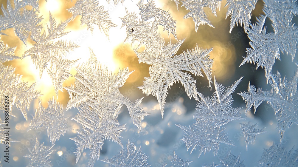 Poster close-up of delicate frost patterns on a window pane with the sun shining through.