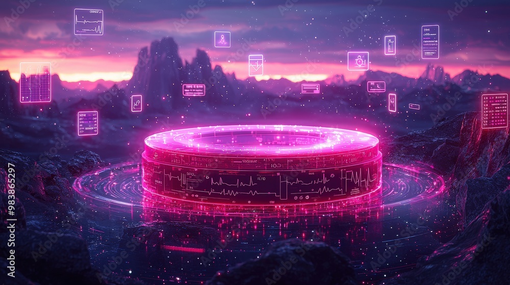 Poster futuristic technology platform with neon lights and data visualizations