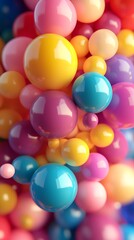 Colorful rainbow of balloons in the background, with vibrant colors.