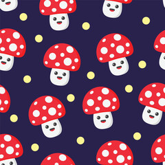 Seamless pattern of cartoon red mushrooms with dark blue background and yellow dots