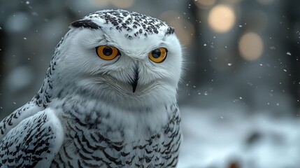 Obraz premium Majestic Snowy Owl Portrait in Winter Wonderland - Close-up Shot of Stunning White Feathers and Piercing Gaze