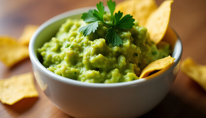 Close-up of a bowl of guacamole, served with tortilla chips and a sprinkle of cilantro.
