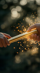 Relay baton exchange, Two hands reaching out to pass the baton, Focus on the moment of contact, Soft sunlight highlighting the metallic surface, Blurred background for depth, dynamic action shot