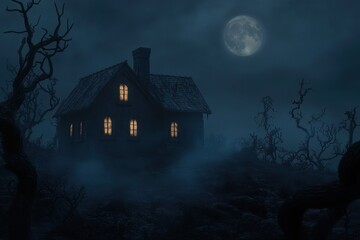 A dark, foreboding image of a haunted house illuminated by the full moon,