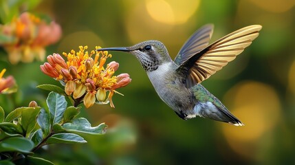 Naklejka premium Vibrant Hummingbird in Motion: Captivating Close-up of a Hummingbird Sipping Nectar with Blurred Wings Movement
