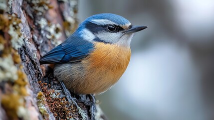 Obraz premium Detailed Close-Up of Agile Nuthatch Climbing Down Tree Trunk