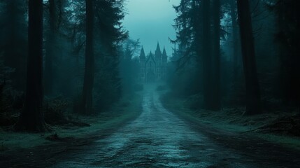 Obraz premium A long, winding road leading through a dark forest, lined with dead trees. In the distance, the outline of a haunted mansion is barely visible through the fog, leaving space in the foreground for copy