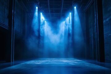 Blue Spotlights Illuminating a Smoke-Filled Industrial Space