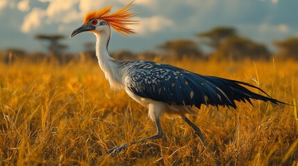 Fototapeta premium Majestic Secretarybird Striding Through the African Savanna - Hyper-realistic Wildlife Photography Capturing Elegant Posture and Distinct Features