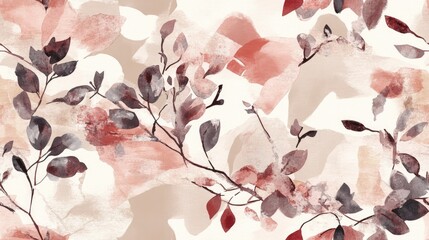 Abstract watercolor brush drawing of flowers leaves and branches in a seamless pattern featuring a geometric camouflage background