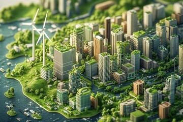 Obraz premium Aerial view of a sustainable city with green rooftops and wind turbines, nestled beside a river with abundant greenery and modern buildings.
