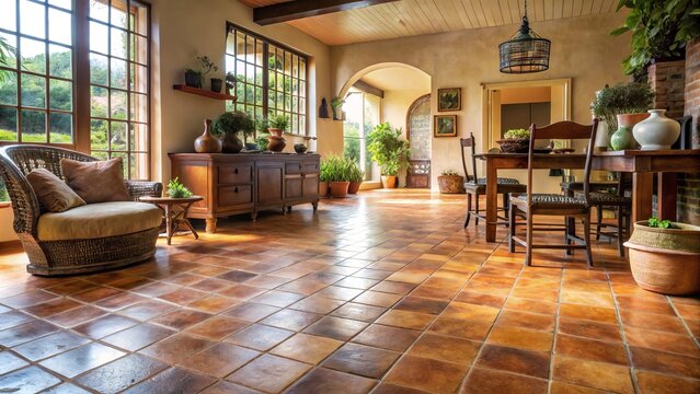 Rustic terracotta floor tiles warm the space with a rich, earthy brown tone, evoking a cozy and inviting