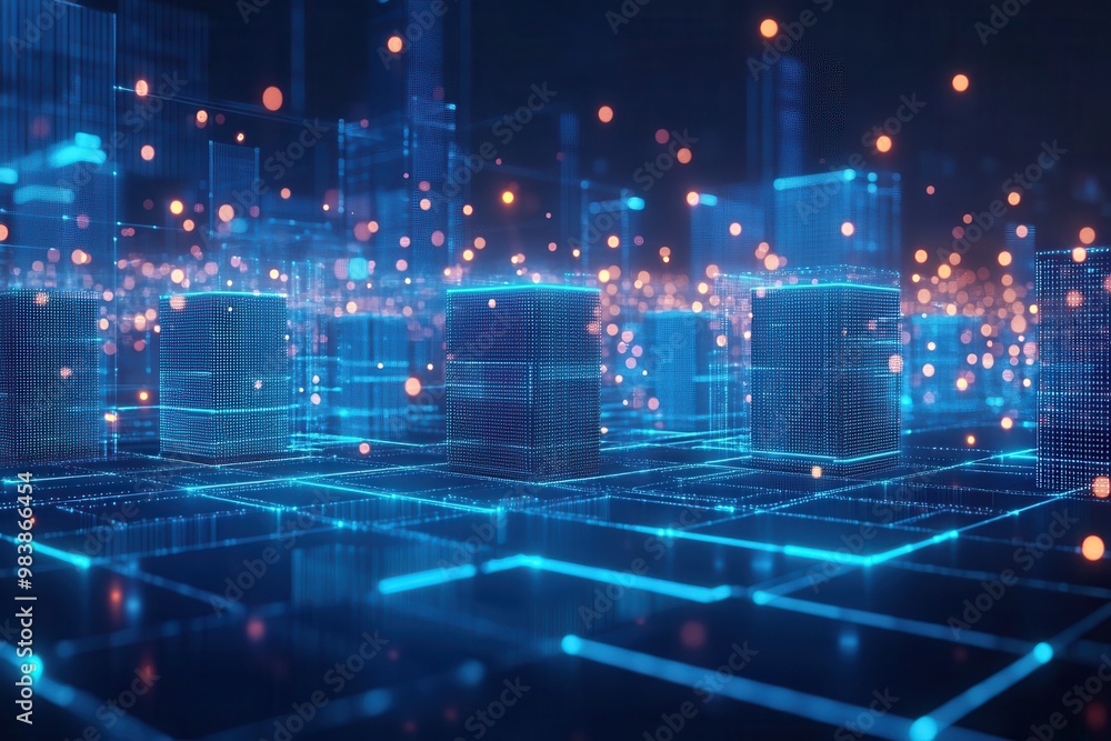Poster a digital grid structure featuring multiple glowing blocks that rise above the grid lines,