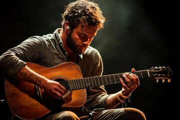 A bearded man playing an acoustic guitar during a concert.