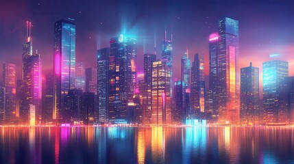 Naklejka premium Futuristic neon city skyline at night with reflection on water, showcasing vibrant lights and tall skyscrapers in a cyberpunk setting.