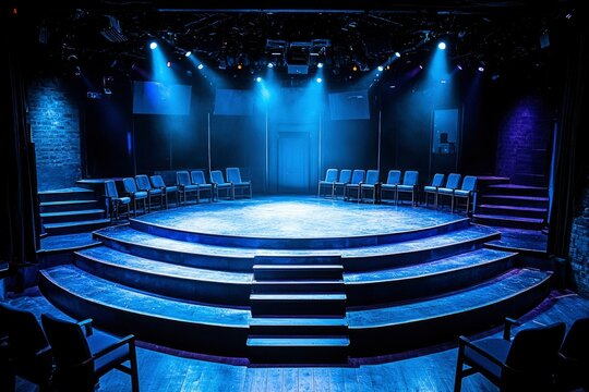 Empty Stage with Blue Lights and Circular Seating Platform
