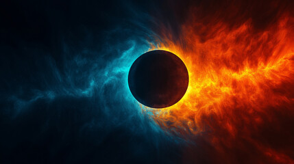Obraz premium Solar Eclipse Fusion, a design showing the merging of day and night with an abstract solar eclipse at the center, with copy space, The September Equinox