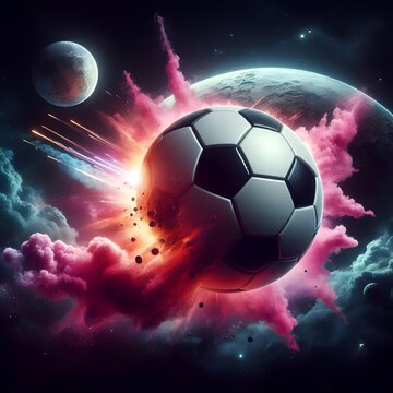 Photo-realistic soccer ball planet, Soccer ball with cosmic effects, Pink smoke and explosions in space