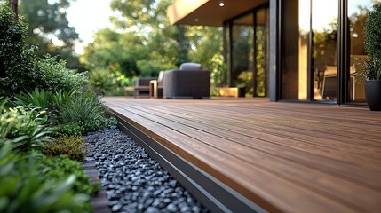 Obraz premium Wooden Deck Patio With Garden Landscaping And Modern House