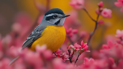 Fototapeta premium Vibrant Yellow-Throated Warbler Amidst Blooming Flowers - Close-Up Shot Accentuating Delicate Beauty and Coloration
