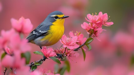 Obraz premium Vibrant Yellow-Throated Warbler Amid Blooming Flowers - Close-Up of Delicate Avian Beauty in Nature