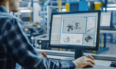 Engineer working on 3D CAD software in an industrial setting. Designing mechanical parts on a computer.