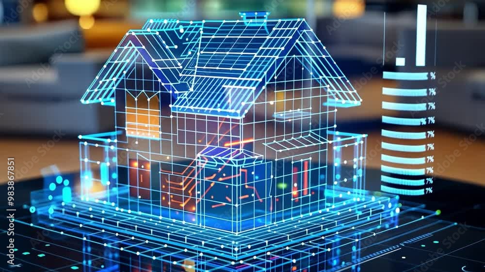 Poster A detailed 3D rendering of a house is shown on a table in a contemporary office setting. The model features a transparent design with blue lines highlighting its structure and layout.