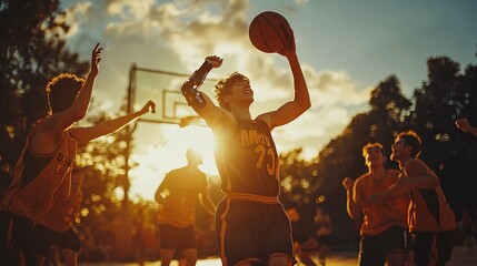 Player with prosthetic arm shooting a basketball at sunset in an intense outdoor game with friends