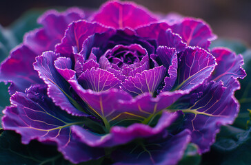 close-up shot of an ornamental cabbage with vibrant purple leaves and intricate patterns

