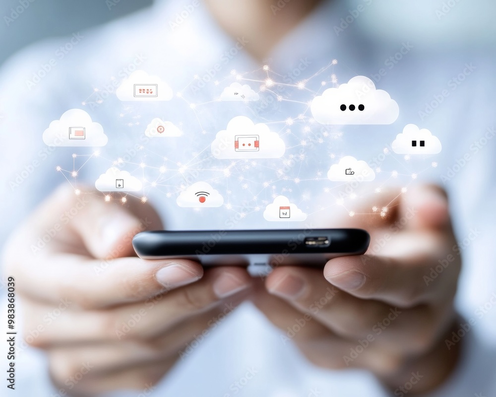 Poster Person Using Smartphone with Emerging Digital Symbols in Cloud Concept