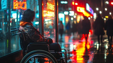 Naklejka premium Person in a wheelchair waiting at a bus stop on a rainy city street at night with neon reflections