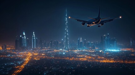 Airplane approaching a futuristic city at night with towering skyscrapers and illuminated streets