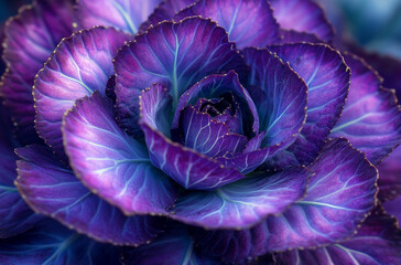 Obraz premium close-up shot of an ornamental cabbage with vibrant purple leaves and intricate patterns 