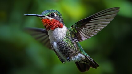 Fototapeta premium Vibrant Ruby-Throated Hummingbird Feeding with Rapid Wing Movement