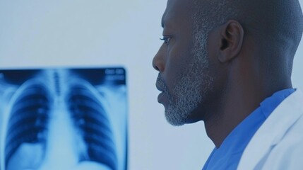 African American Male Doctor Analyzing Lung X-ray in Hospital Room, Clinical Setting, Serious Mood