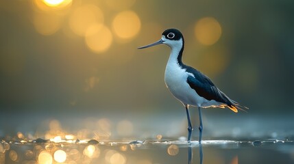 Majestic Black-Necked Stilt Wading in Shallow Water - Hyper-Realistic Nature Photography Capturing Long Legs and Striking Coloration